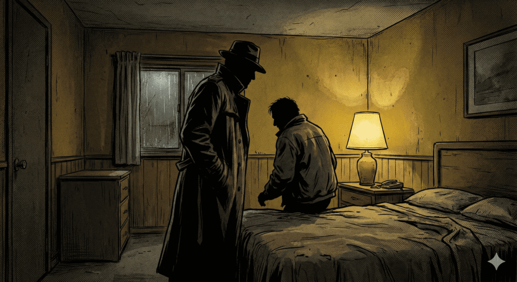 Stylized noir illustration of Fargo (1996) – tense motel-room confrontation in warm drab Midwestern lighting